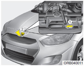 Hyundai Accent: Opening the hood. 2. Go to the front of the vehicle, raise the hood slightly, pull the secondary