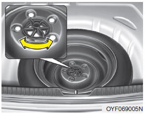 Hyundai Accent: Jack and tools. Turn the tire hold-down wing bolt counterclockwise.