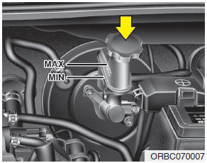 Hyundai Accent: Checking the brake/clutch fluid level. Check the fluid level in the reservoir periodically. The fluid level should be