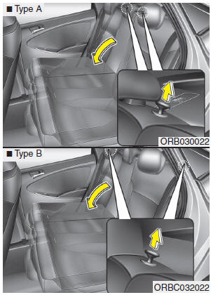 Hyundai Accent: Rear seat. 4.Pull on the seatback folding lever, then fold the seat toward the front of