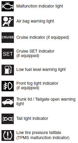 Hyundai Accent: Indicator symbols on the instrument cluster. 