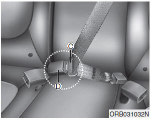 Hyundai Accent: Seat belt restraint system. Pull and insert the tongue plate (C) into the open end of the buckle (D) until