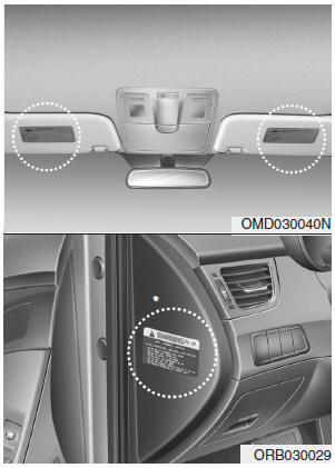 Hyundai Accent: Air bag warning label. Air bag warning labels, some required by the U.S. National Highway Traffic Safety