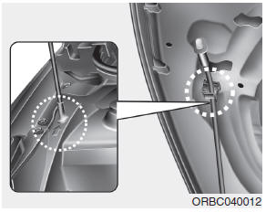 Hyundai Accent: Opening the hood. 3.Pull out the support rod from the engine room.