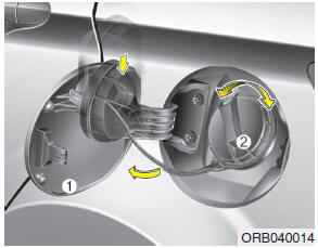 Hyundai Accent: Opening the fuel filler lid. 1. Stop the engine.