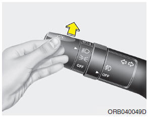 Hyundai Accent: High beam operation. To turn on the high beam headlights, push the lever away from you. Pull it back