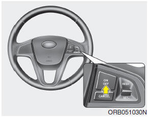 Hyundai Accent: To set cruise control speed. 1. Push the cruise ON-OFF button on the steering wheel to turn the system on.