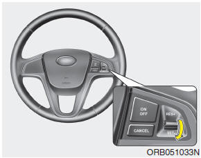 Hyundai Accent: To set cruise control speed. 3. Push the SET- switch, and release it at the desired speed. The SET indicator