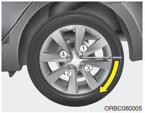 Hyundai Accent: Changing tires. Then position the wrench as shown in the drawing and tighten the wheel nuts.