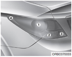 Hyundai Accent: Rear combination light bulb replacement (4 Door). (1) Stop and tail light