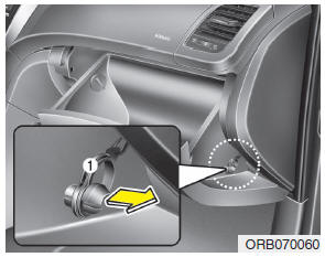 Hyundai Accent: Filter replacement. 1. Open the glove box and remove the support strap (1).