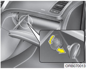 Hyundai Accent: Filter replacement. 2. With the glove box open, remove the stoppers by turning them counterclockwise