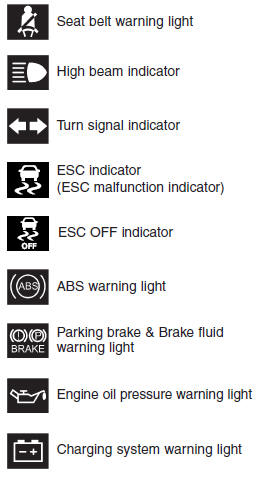 Hyundai Accent: Indicator symbols on the instrument cluster Hyundai Accent: Indicator symbols on the instrument cluster.
