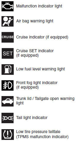 Hyundai Accent: Indicator symbols on the instrument cluster Hyundai Accent: Indicator symbols on the instrument cluster.