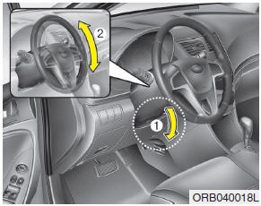 Hyundai Accent: Tilt steering. To change the steering wheel angle, pull down the lock release lever (1), adjust